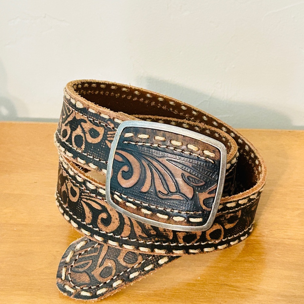 Tooled Leather Western Belt - Black and Brown